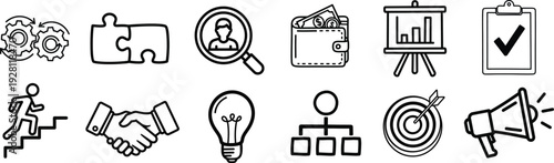 Startup and Business Strategy Outline Icon Set – Target, Goal Achievement, Handshake, Marketing and Innovation Linear Vector Collection