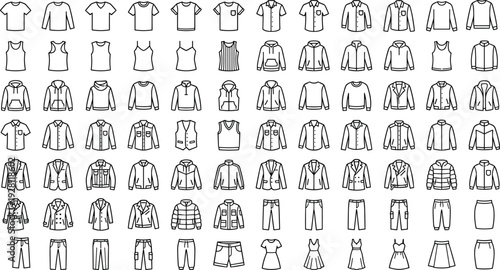 Clothing line icons set, fashion apparel collection with shirts jackets hoodies pants dresses and casual wear outline vector