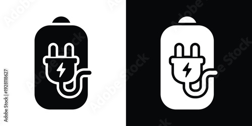 Battery icon featuring a power plug with a curved cord. High-quality vector illustration for charging cables, power connectivity, and electrical device refueling status.