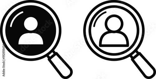User Search Icon – Profile Magnifying Glass Symbol, Account Lookup and Customer Finder Black and White Vector Illustration