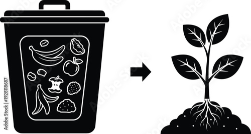 Composting process illustration, organic waste bin, banana peel apple core, food scraps recycling, plant growth, sustainable gardening, agriculture eco design