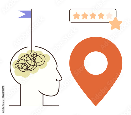 Mental health, decision-making, location services, feedback systems, self-improvement, navigation guidance. Brain illustration with a thought concept, pin icon and rating stars. Mental health