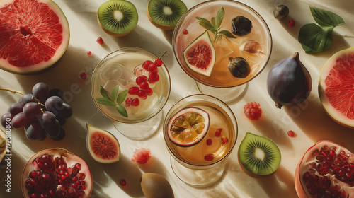 Flat cocktail, fresh fruit, elegant garnishes, minimalist bar aesthetic