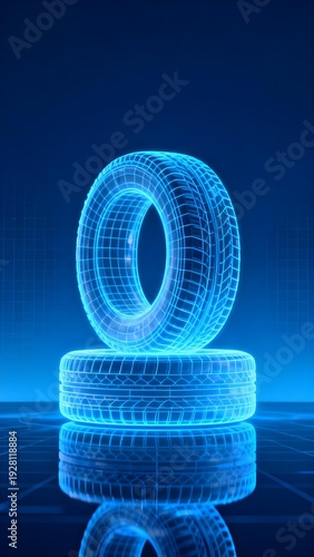Digital wireframe representation of tires with glowing blue mesh on reflective surface