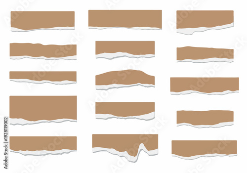 Collection of torn paper edges with a raw, textured brown cardboard material and white inner layers, perfect for graphic design elements and creative projects