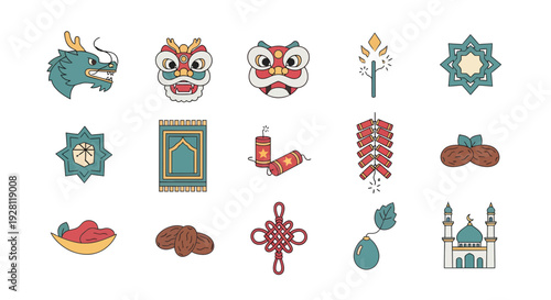 Collection of cultural icons featuring dragon heads, lion dance masks, prayer rugs, mosque and dates fruits, concept for religious holiday celebration, lunar new year and multicultural design