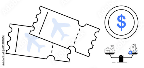 Travel cost. Air travel tickets and dollar symbol expenses. Financial scale balancing money and housing costs. Travel cost s budgeting for trips. For travel, business, budgeting, economy, and tourism
