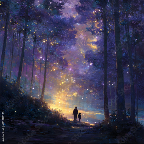 Man and kid silhouettes exploring a shimmering fantasy forest with sparkling lights, vibrant purple and gold hues, creating a wondrous and spiritual ethereal scene
