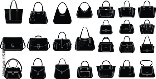 Black handbag silhouette collection featuring fashion tote bags leather purses feminine satchels and stylish lady accessories for retail shopping design isolated on white