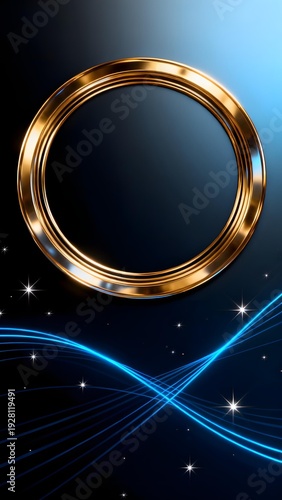 Golden circular frame with glowing blue lines and stars on a dark background