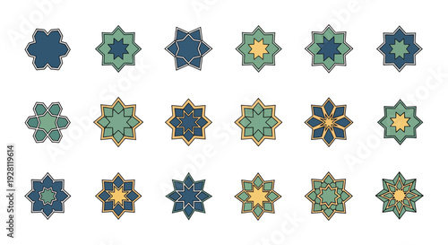 Set of eighteen colorful Islamic geometric star ornaments with various pointed shapes on white background, concept for ramadan greeting card, middle eastern branding and islamic festival decor
