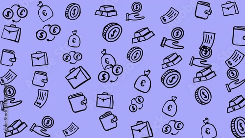 Pattern of money symbols including coins, gold, and wallets. Suitable for finance, investment, banking, and wealth management concepts.