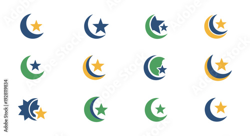 set of various crescent moon and star icons with flat design style in blue green and yellow colors on white background, concept for islamic branding, ramadan kareem and eid mubarak design