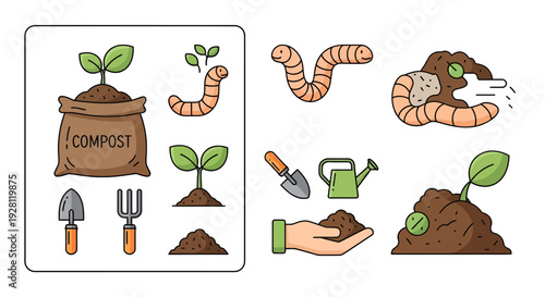 Collection of compost icons featuring organic soil bag, seedlings, earthworms and gardening tools on white background, concept for eco-friendly agriculture, organic farming and gardening