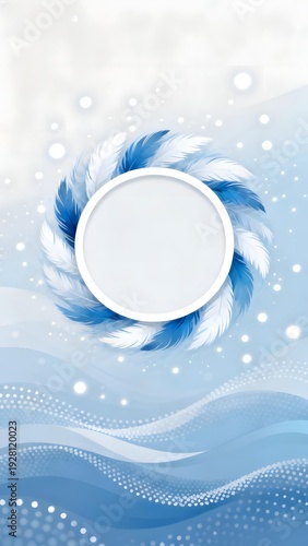 Abstract blue winter-themed background with swirling feather-like patterns and a central circular frame
