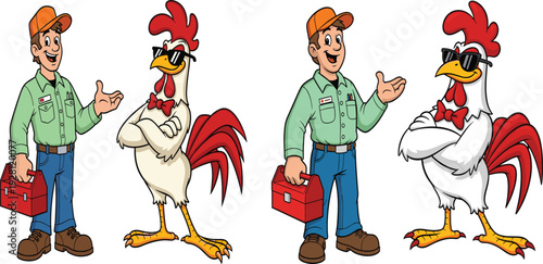 Cartoon illustration of farmer man with toolbox and anthropomorphic rooster wearing sunglasses and bow tie, humorous character design concept for branding
