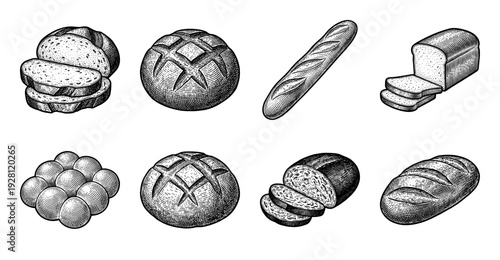 A collection of assorted bread loaves and rolls in a vintage woodcut engraving style featuring sliced sourdough, baguettes, and buns.