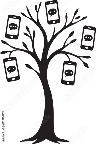 Tree growing smartphone fruits branches texting, nature tech hybrid black.