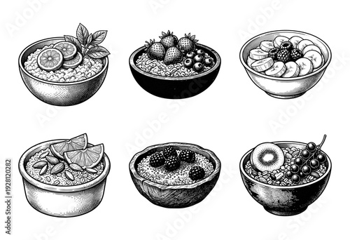 Collection of breakfast cereal and porridge bowls with fresh fruit and nuts in a vintage woodcut engraving style