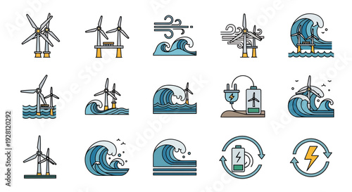 Colorful line icons of offshore wind turbines and ocean wave energy with battery storage systems, concept for renewable energy infographics, ecological sustainability and clean power apps