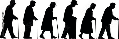 Aging Process Silhouette Illustration of Elderly People Walking with Cane Senior Men and Women Health and Growth Vector Art