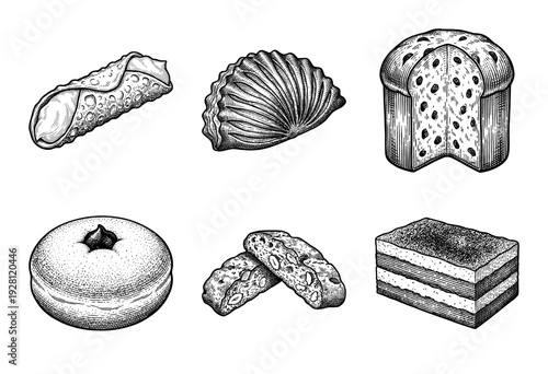 Vintage style hand drawn engraving collection of traditional Italian pastries and desserts featuring cannoli panettone and biscotti