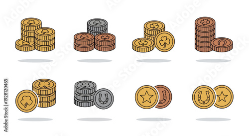 Stacks of gold silver and bronze lucky coins with shamrock horseshoe and star engravings isolated on white, concept for saint patricks day, gambling reward and financial success branding