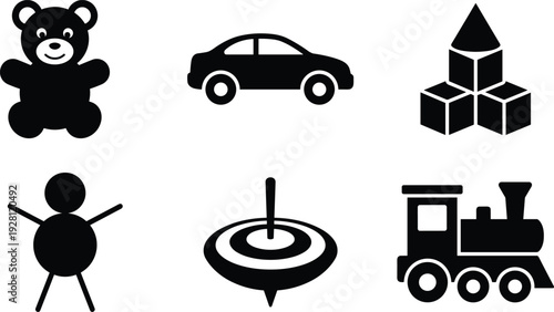 Children Toys Icon Set Featuring Teddy Bear, Toy Car, Building Blocks, Spinning Top, Stick Figure Doll and Train Silhouettes