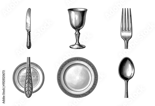 Vintage engraving of a classic tableware collection featuring an ornate plate, goblet, knife, fork, and spoon in a detailed woodcut etching style.