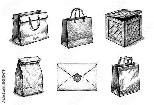 Vintage style woodcut illustration of various packaging options including paper shopping bags, a wooden crate, a wax sealed envelope, and a lunch bag.