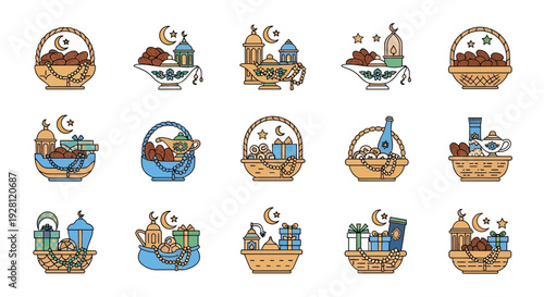 Set of colorful Ramadan gift basket icons featuring dates, prayer beads, lanterns and crescent moons, concept for Islamic holiday greeting, Eid al-Fitr hampers sale and religious celebration branding