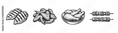 Vintage hand drawn engraving style chicken meat collection featuring grilled breasts wings drumsticks and skewers