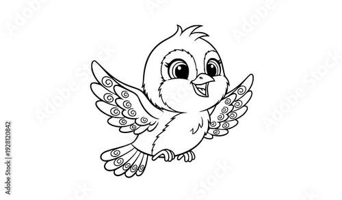 Cute Baby Bird Flying Cartoon Coloring Book Page for Kindergarten Animal Printable Vector