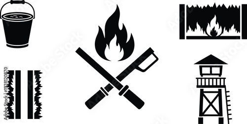 Forest fire prevention icons, campfire safety, wildfire danger, fire extinguisher, water bucket, watchtower, damaged tree, emergency response silhouettes