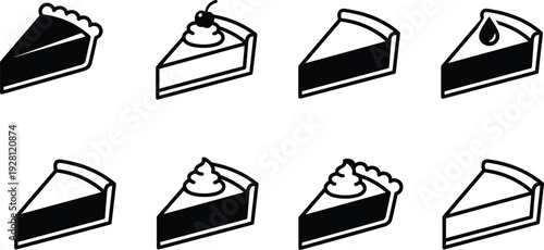 Cake Slice Dessert Icon Set Featuring Pie Pieces, Cream Topped Pastry, Sweet Bakery Food Silhouettes for Menu and Bakery Design