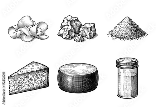 Vintage style engraving collection of hard cheese varieties in whole wheel wedge grated and shaved forms with a condiment shaker.