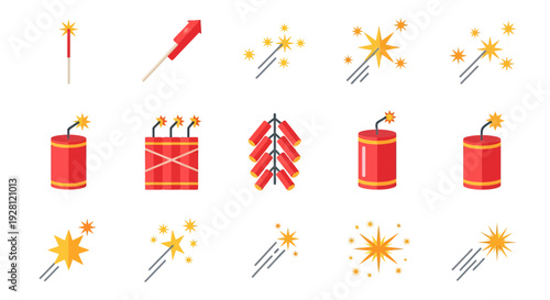 Collection of colorful firework and firecracker icons including sparklers rockets and dynamite sticks on white background, concept for festive celebration, holiday event and promotional design