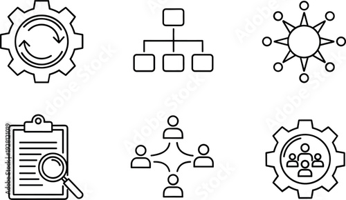 Business Organization and Process Management Line Icon Set with Workflow Gear, Hierarchy Structure, Network Connection, Audit Checklist and Team Settings