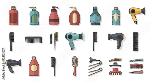 Professional hair care equipment set featuring shampoo bottles, combs and hair dryers in flat design style, concept for beauty salon branding, hair styling service and cosmetic catalog