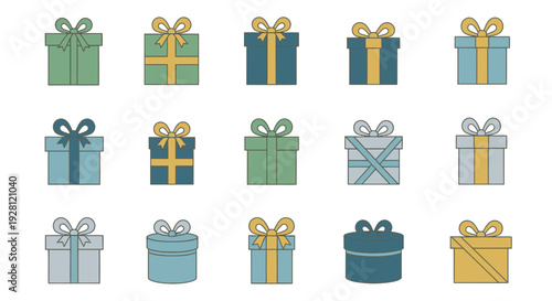 Collection of fifteen colorful gift box icons with different ribbon styles, concept for holiday greeting cards, online shopping promotions and festive celebration decoration design