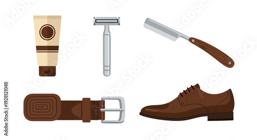 set of men fashion accessories including brown leather shoe belt safety razor straight blade and grooming tube, concept for barbershop service, masculine lifestyle and formal apparel retail