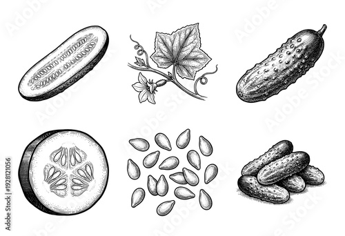 Vintage engraved cucumber botanical set featuring whole fruit, cross sections, seeds, and flowering vine in a classic hand drawn woodcut style