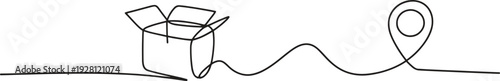 An open cardboard box connects to a location pin in a flowing line drawing.