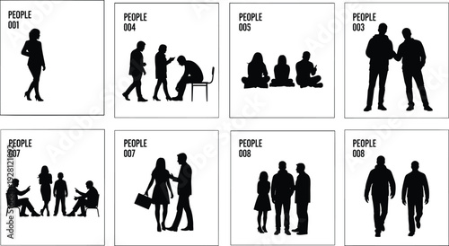 People silhouette character collection including business people family walking sitting talking human figures set