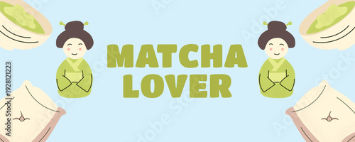 Matcha Lover banner poster with matcha bowl, woman in kimono and tea ceremony cushion, traditional Japanese tea art