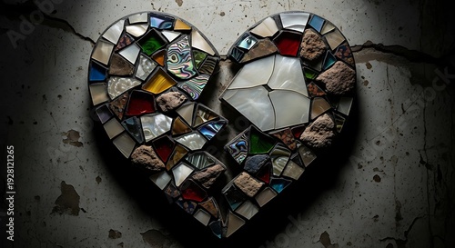 Broken heart mosaic crafted from diverse materials on cracked surface.