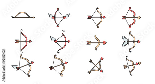 Collection of hand drawn cupid bow and arrow icons with heart shapes and wings on white background, concept for valentine greeting cards, wedding invitations and love decor