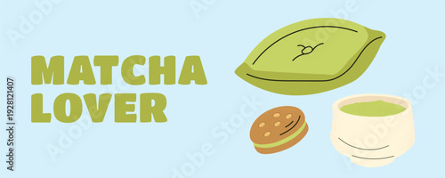 Matcha Lover banner poster with matcha bowl, matcha dessert cake and tea ceremony cushion, cozy green tea theme