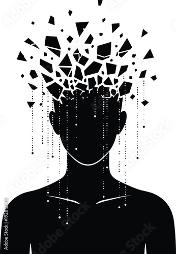 Abstract Human Head Silhouette with Fragmented Mind Illustration Representing Mental Stress, Psychological Breakdown, Anxiety and Emotional Overload Concept Design