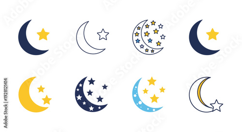 Collection of crescent moon and stars icons set in various graphic styles isolated on white background, concept for nighttime graphics, celestial branding and astronomical design elements
